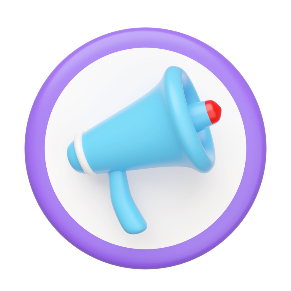 3d blue megaphone with cylinder isolated. announce promotion news for social media networks, online marketing shopping concept, cartoon style. 3d render illustration png
