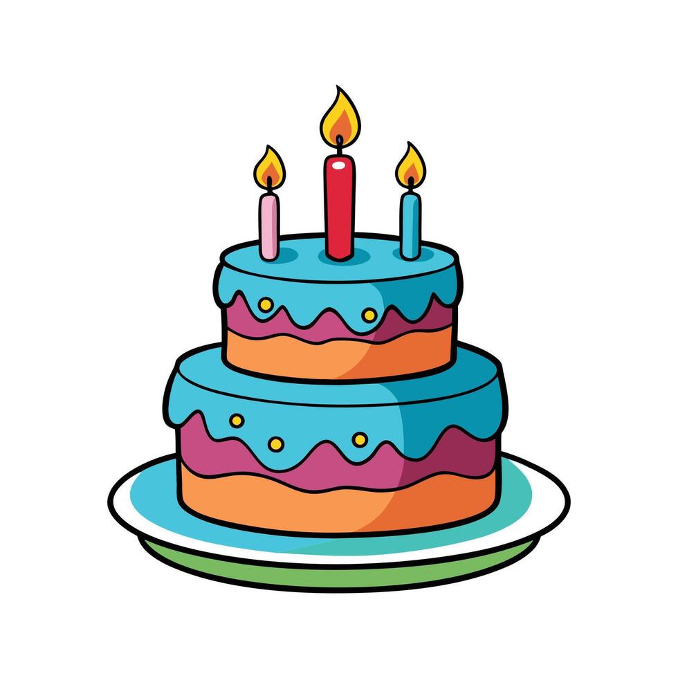 illustration of a two-tiered birthday cake with lit candles and celebratory details vector