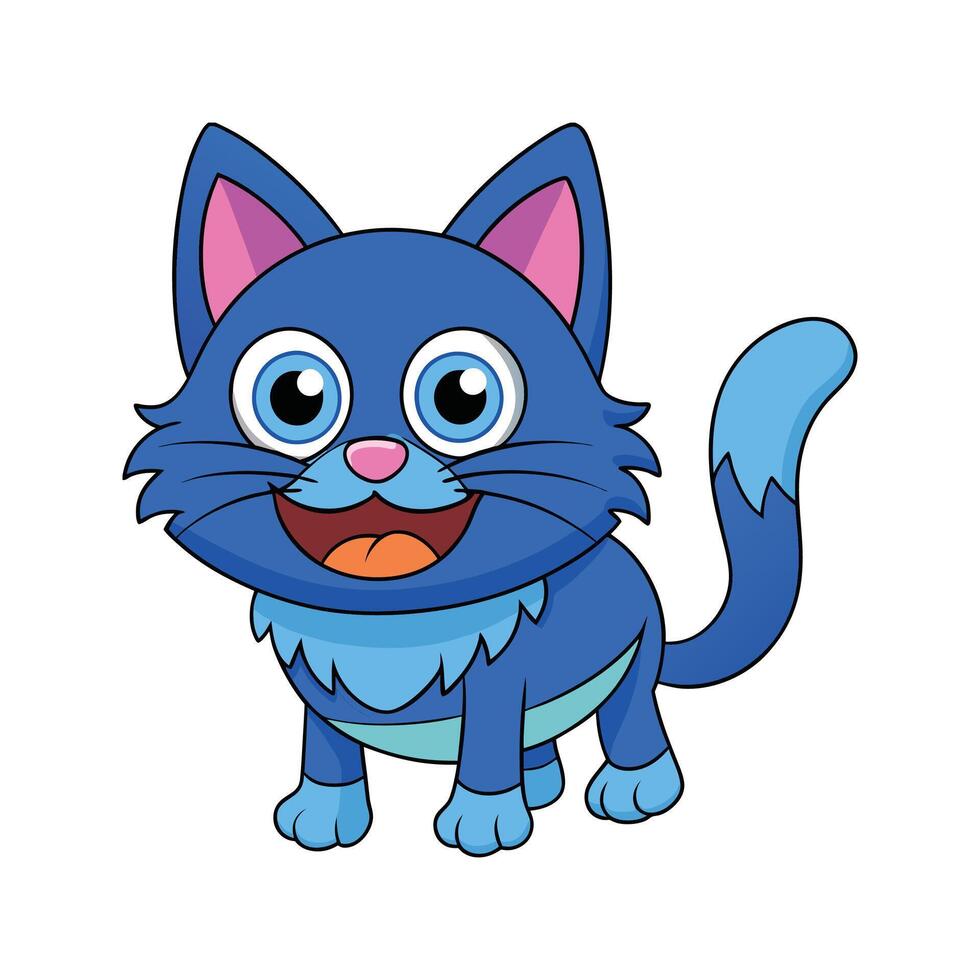 Adorable cartoon blue cat with a cheerful expression and big eyes on white background vector