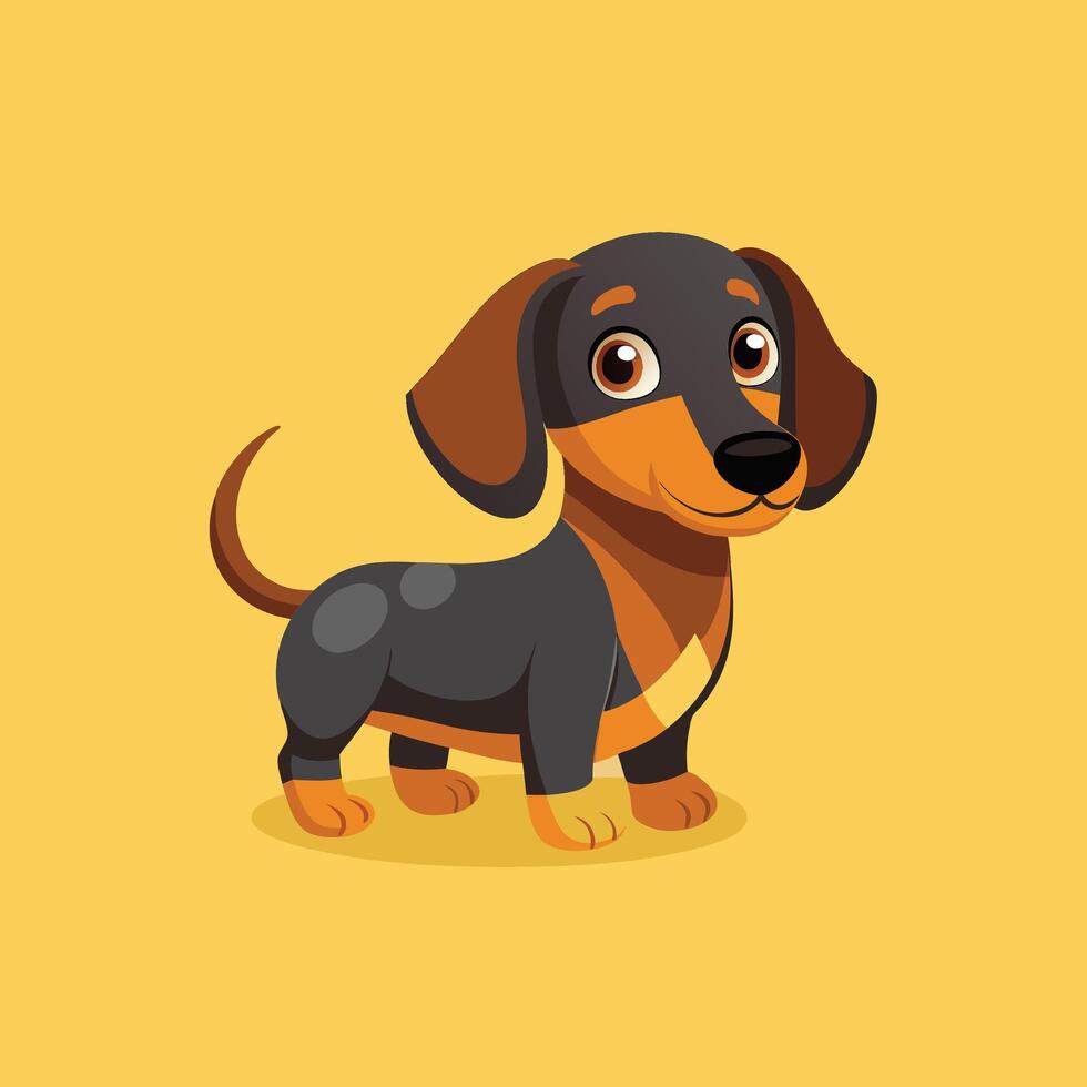 Friendly and happy cartoon dachshund dog standing on a yellow background illustration vector