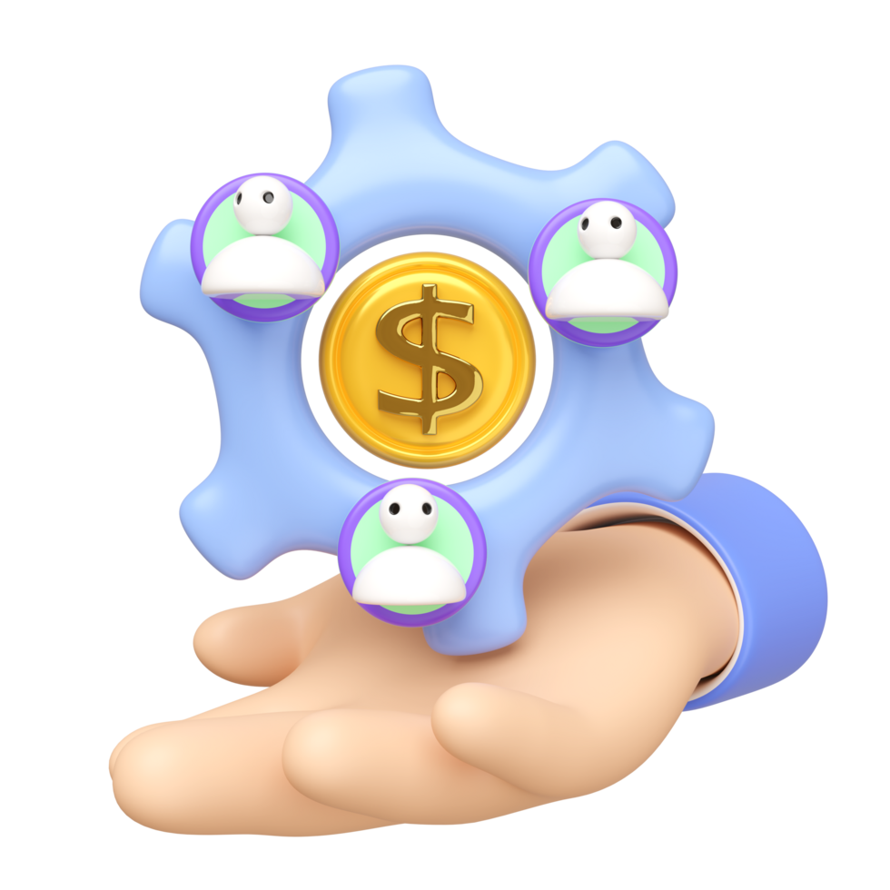 3d Businessman hand with gear, people team icon isolated on blue background. Teamwork concept, cartoon style, 3d render illustration png