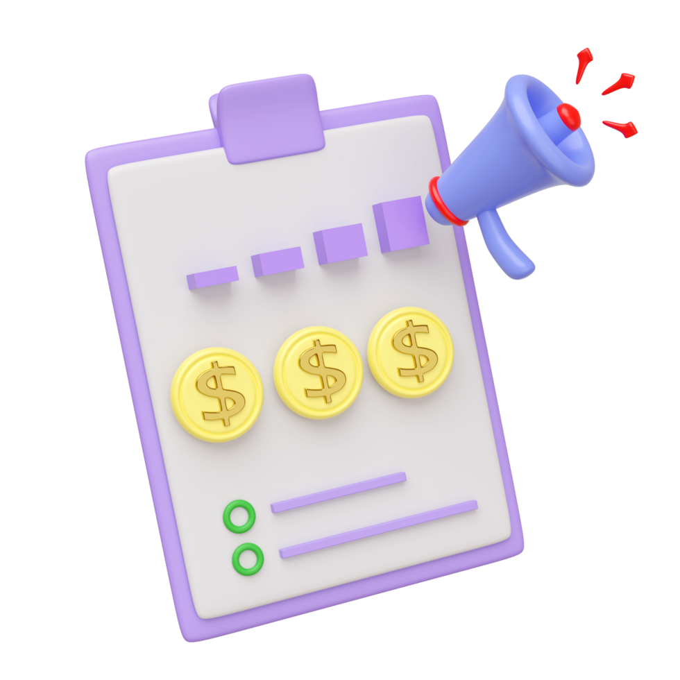 3d megaphone or loudspeaker, hand speaker icon with clipboard, checklist paper isolated. project plan, business strategy concept, 3d render illustration png