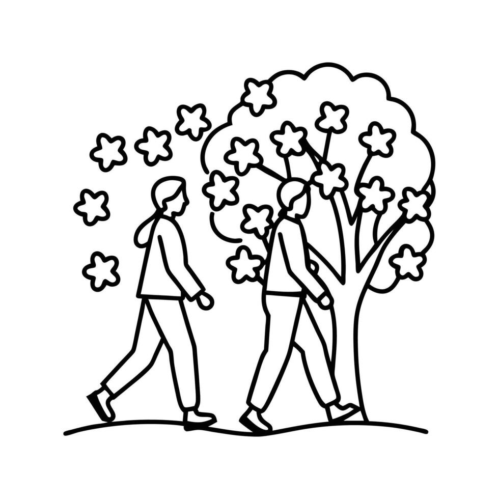 Two People Walking Near a Blooming Tree Black Line Art Illustration vector