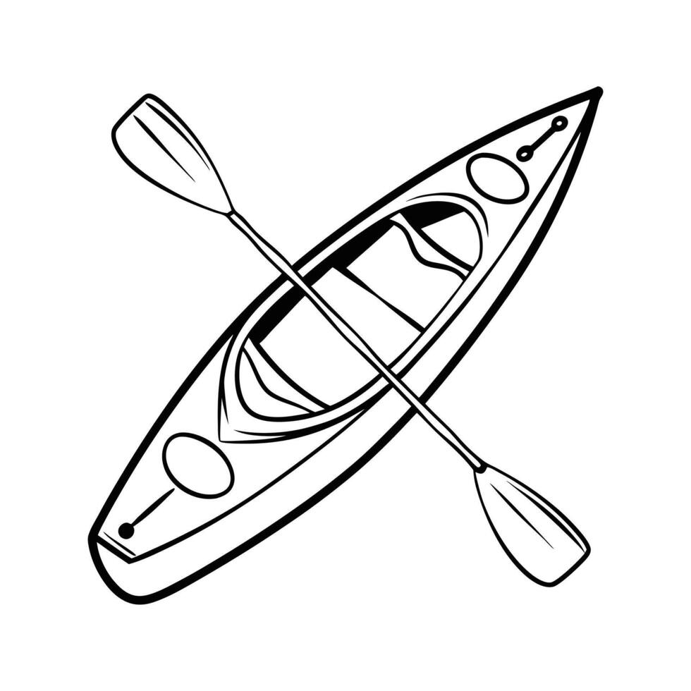 Black and white illustration of a kayak with paddles for recreational water sports vector