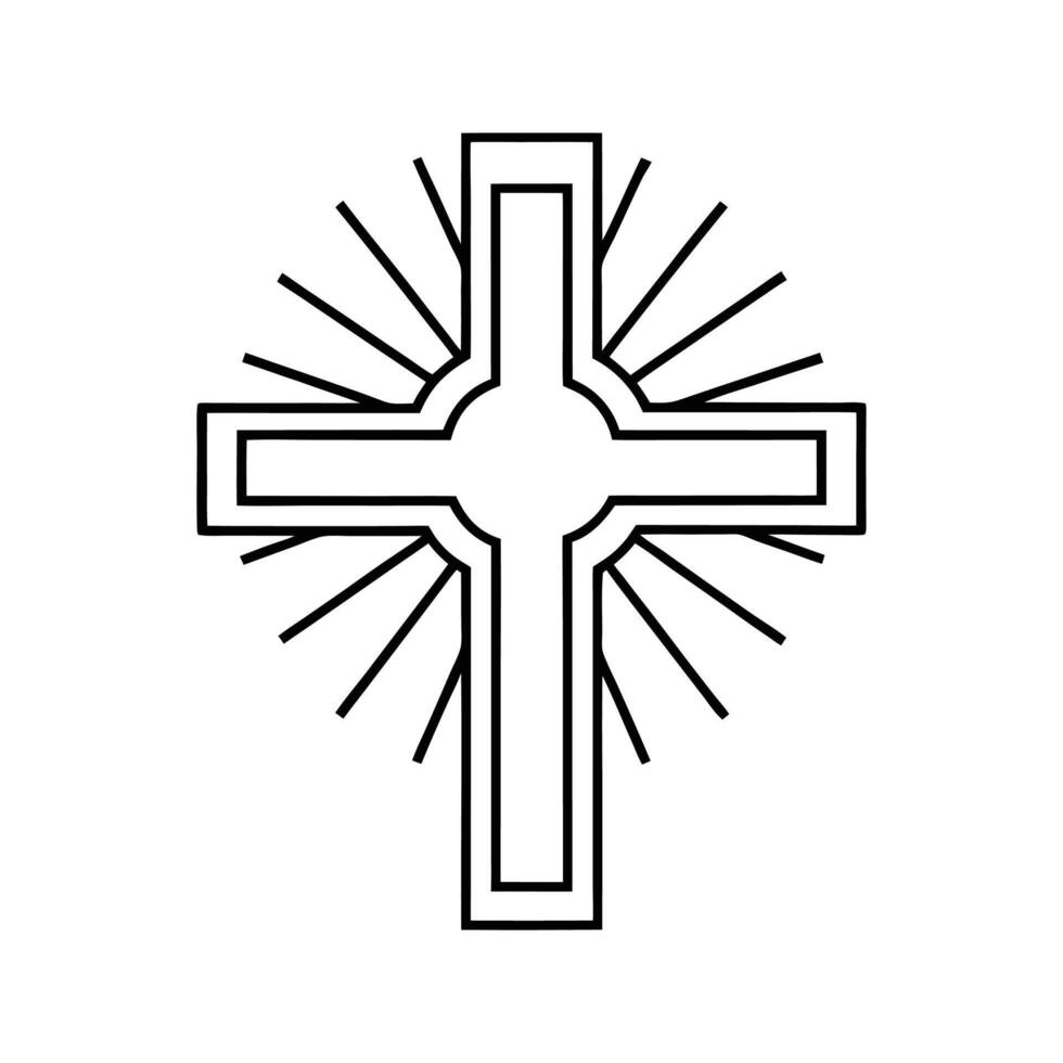 Black Outline Cross Symbol with Radiating Lines White Background vector