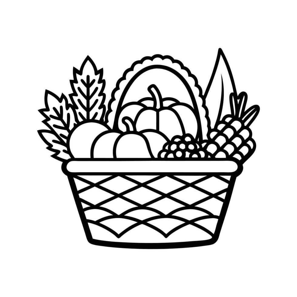 Black and White Line Drawing Harvest Basket Fruits Vegetables vector