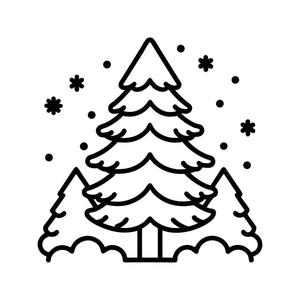 Black Line Art Winter Forest Scene Tall Pine Trees Snowflakes vector