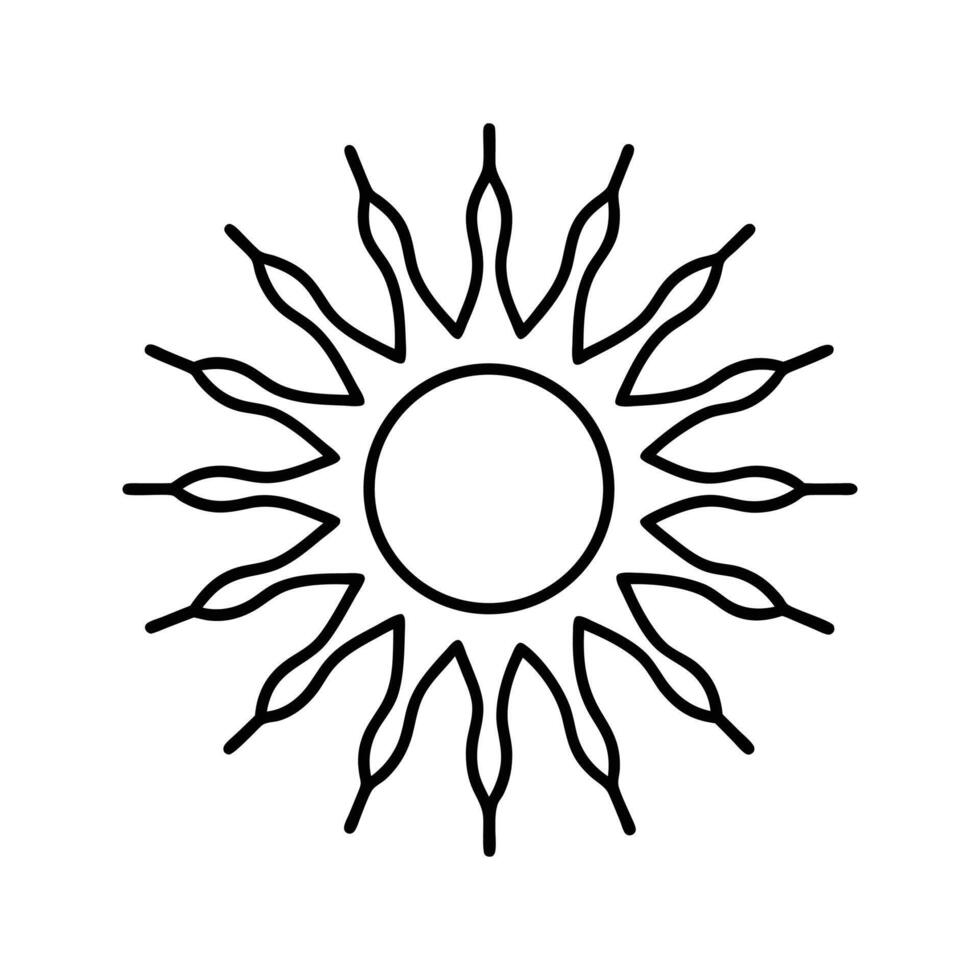 Black and white line art icon of the sun, simple circular center with radiating rays, clean outline, white background vector
