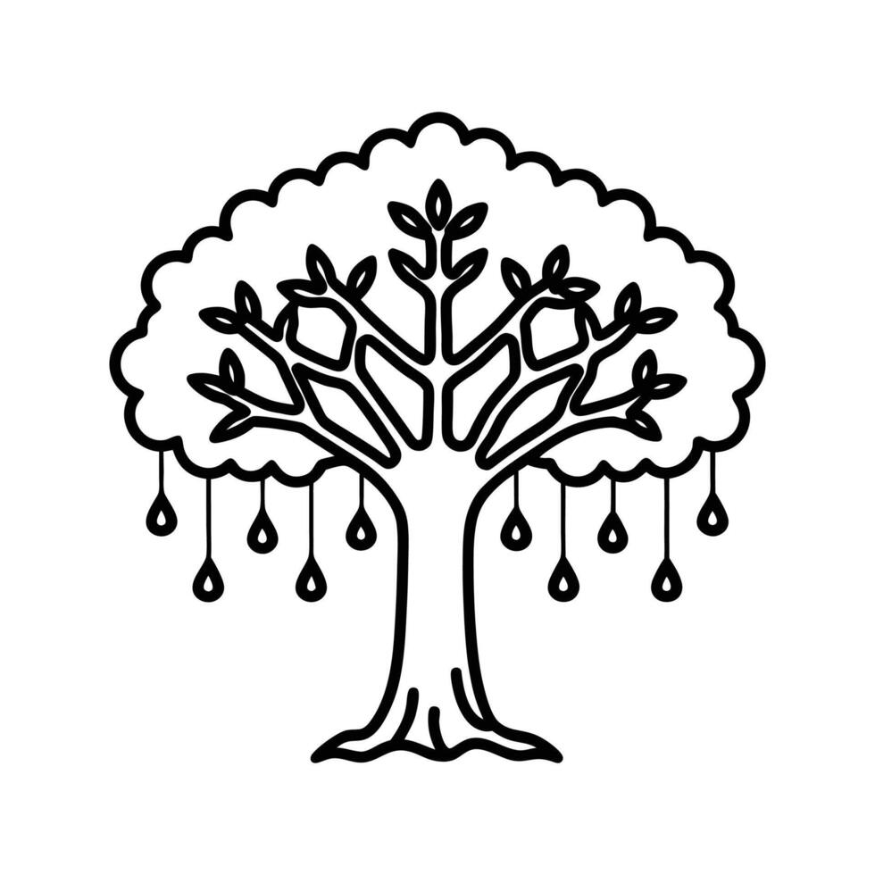 Black Line Art Tree Illustration Hanging Drops Leaves vector
