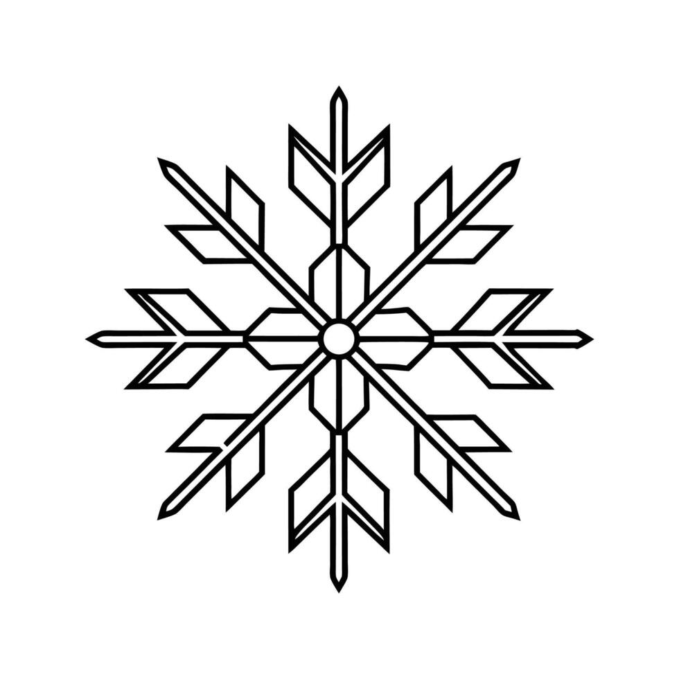 Black line art illustration of a geometric snowflake, symmetrical winter design, clean outline, white background, holiday icon style vector