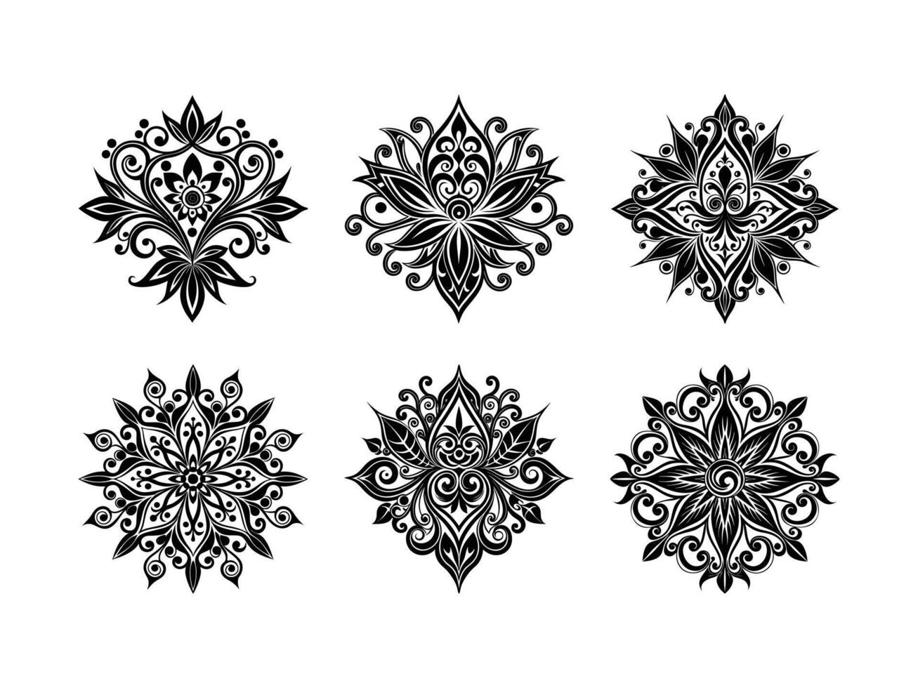 Six elegant black and white floral mandala decorative design elements on white background vector