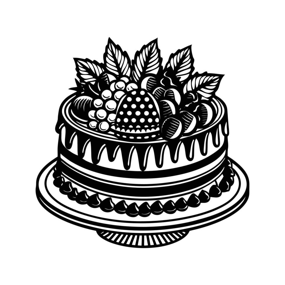 Elegant black and white illustration of a decorated layered cake with fruit vector