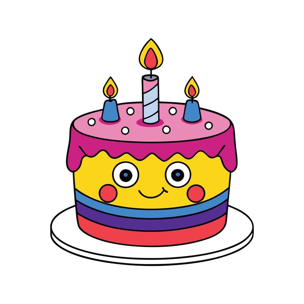 Adorable cartoon birthday cake with smiling face and lit candles on a white background vector