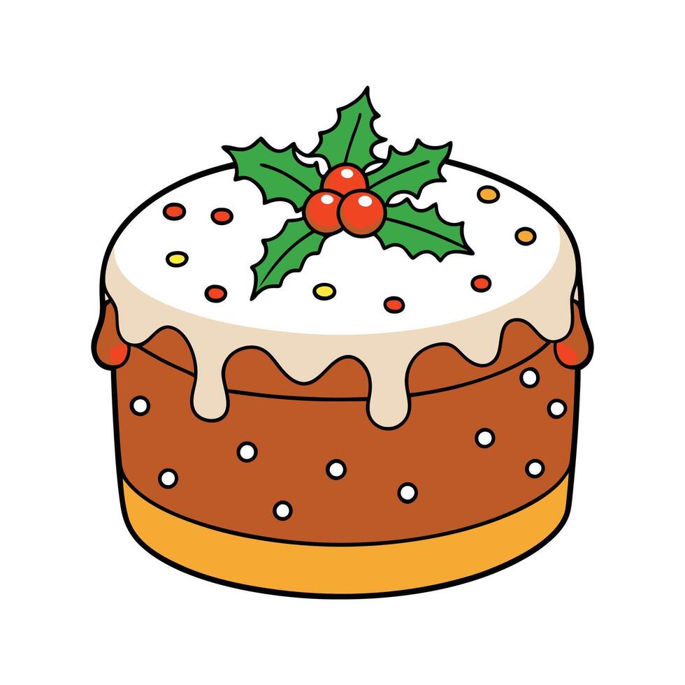 Festive christmas cake decorated with holly berries and white icing in cartoon style vector