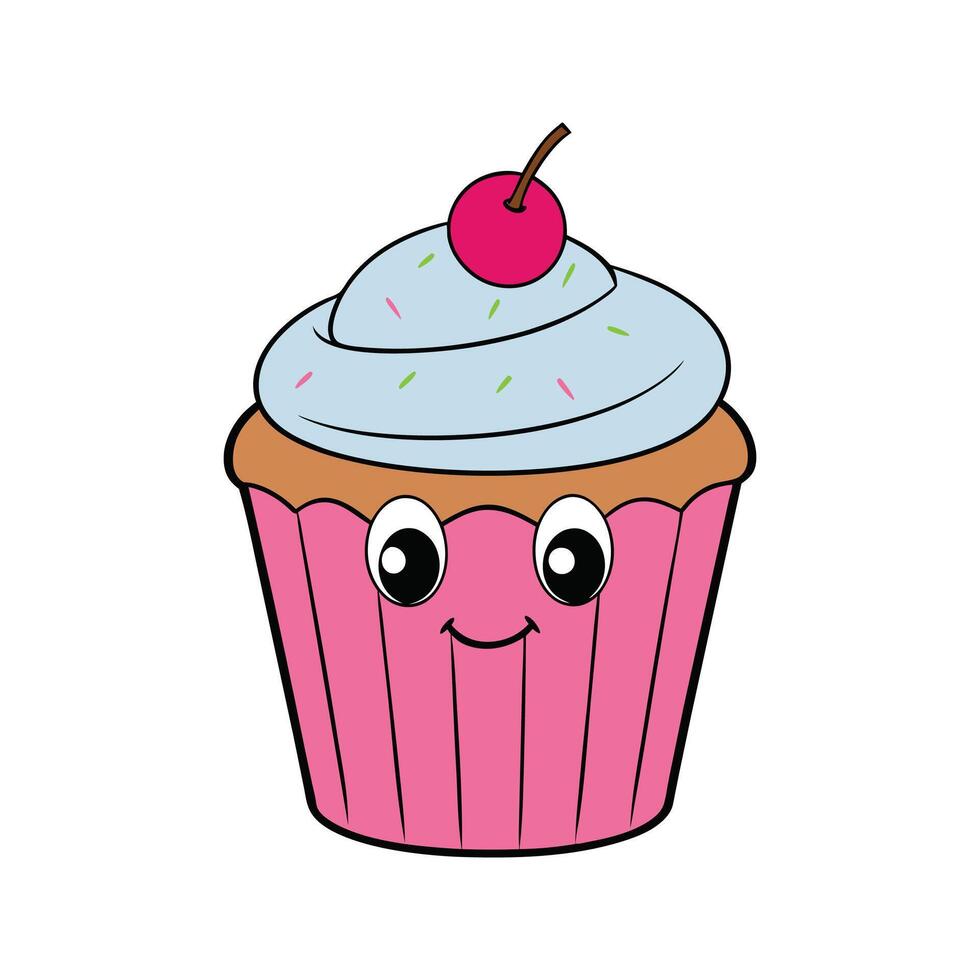 Adorable cartoon cupcake with smiling face and cherry on top isolated on white vector