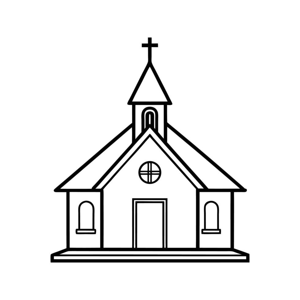 Simple Line Drawing Black Church Building Steeple Cross vector