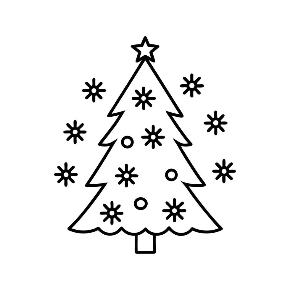 Black Outline Christmas Tree with Star and Snowflakes vector