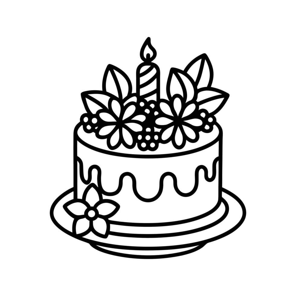 Black and white illustrated cake with flowers candle and plate for celebrations and birthdays vector