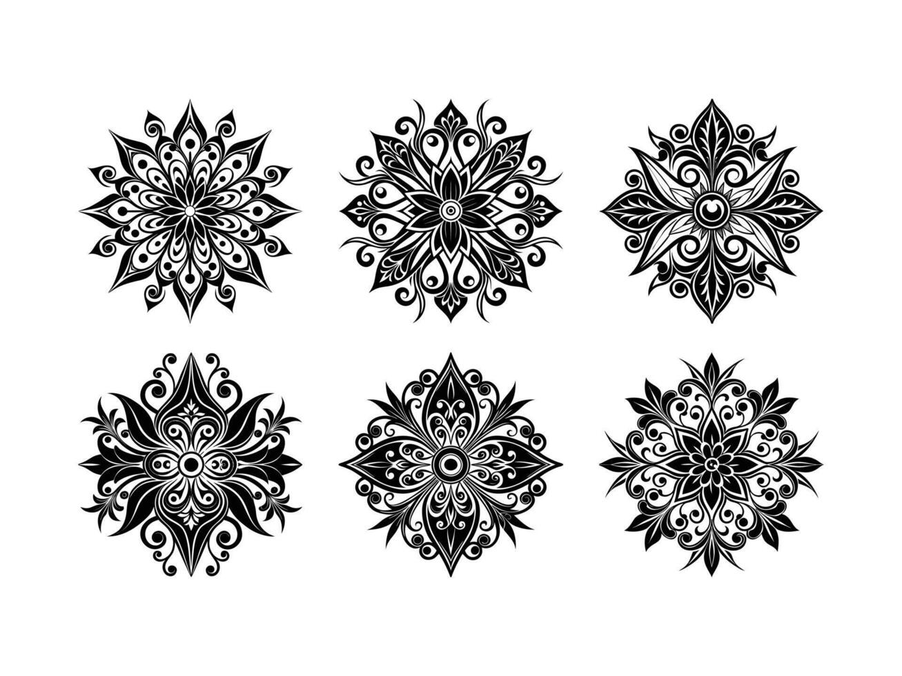 Collection of intricate black and white floral ornament mandala designs on white background vector