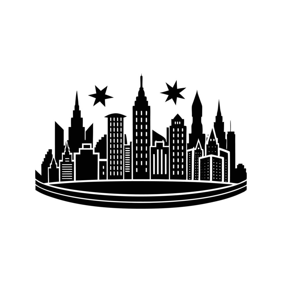 Silhouette of a modern city skyline with buildings and two stars graphic art vector