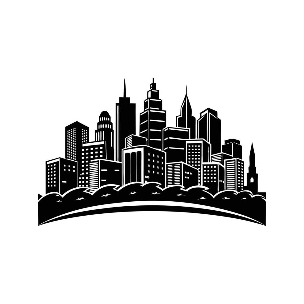 Silhouette illustration of a modern city skyline featuring skyscrapers and buildings in black and white vector