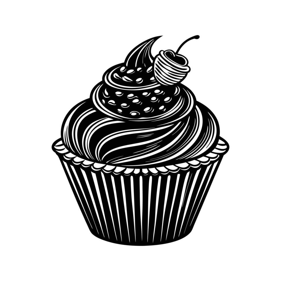 Delicious black and white cupcake illustration with swirled frosting and a cherry on top vector