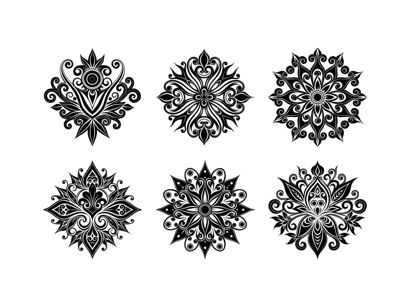 Set of six elegant black and white floral ornamental design elements isolated vector