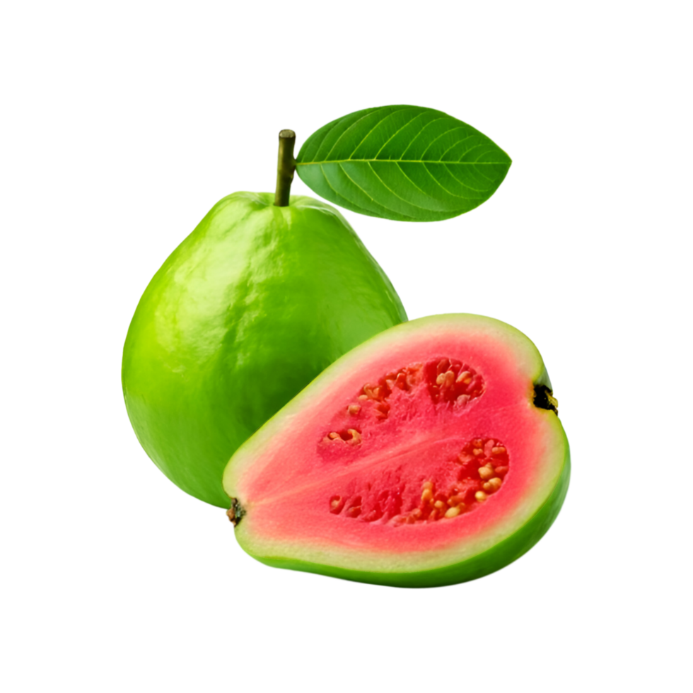 Fresh guava fruit with slice and green leaf on transparent background png