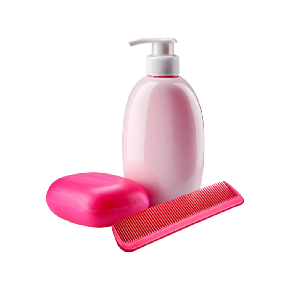 Bottle of shampoo, soap and comb on transparent background png