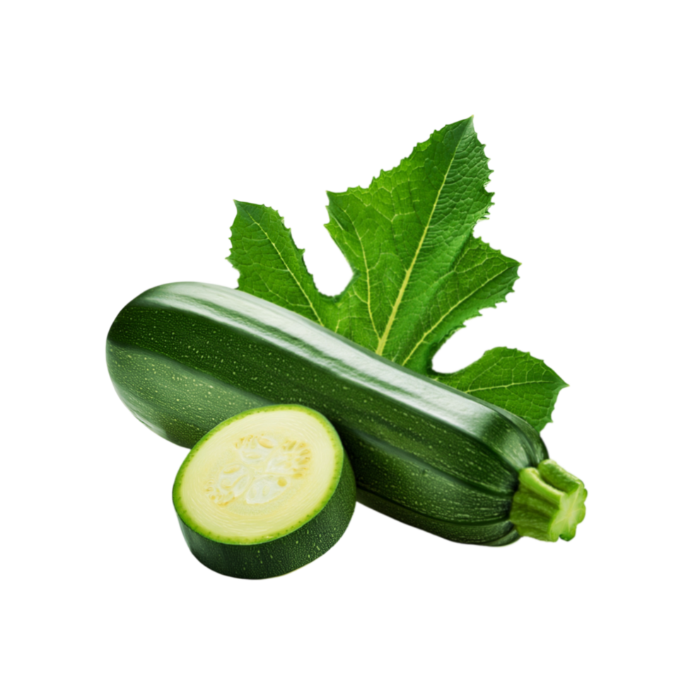 Fresh zucchini vegetable with slices and green leaf on transparent background png