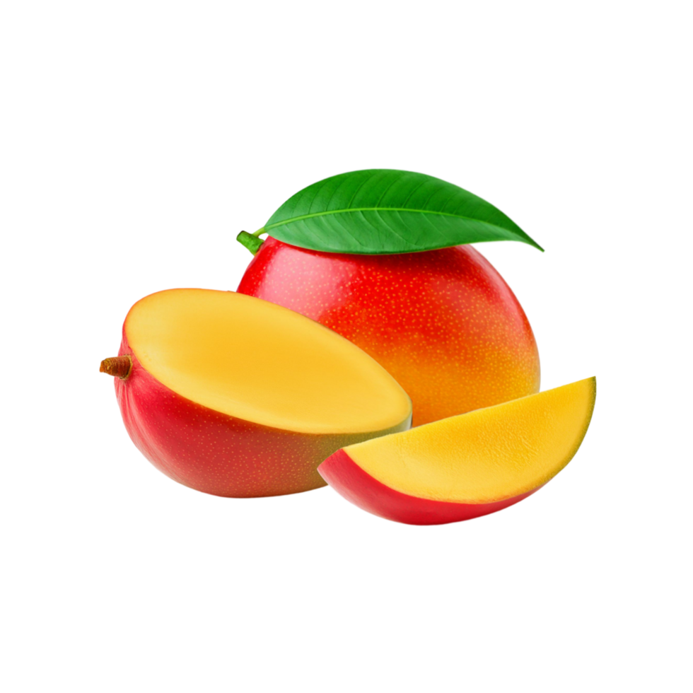 Ripe mango with slice and green leaf on transparent background png