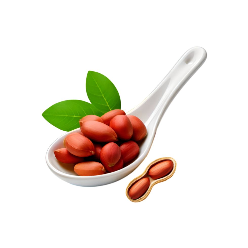 White ceramic spoon of peeled peanut with leaf on transparent background png