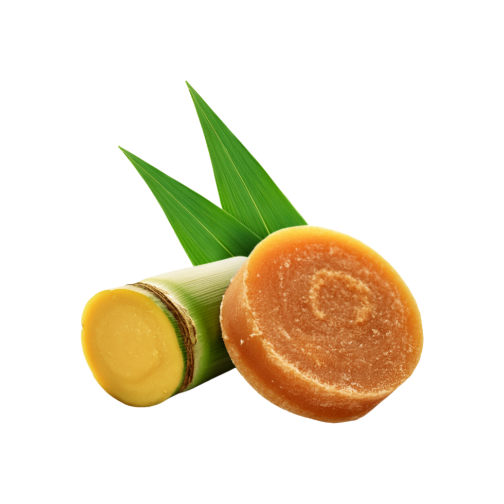 Jaggery with sliced sugarcane and green leaf on transparent background png
