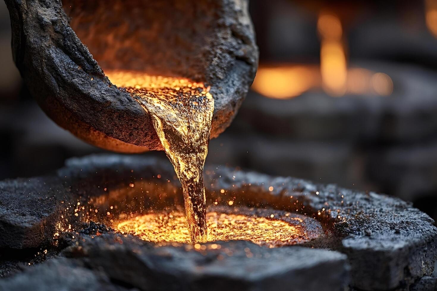 Pouring molten metal into foundry mold creating sparks and glow photo