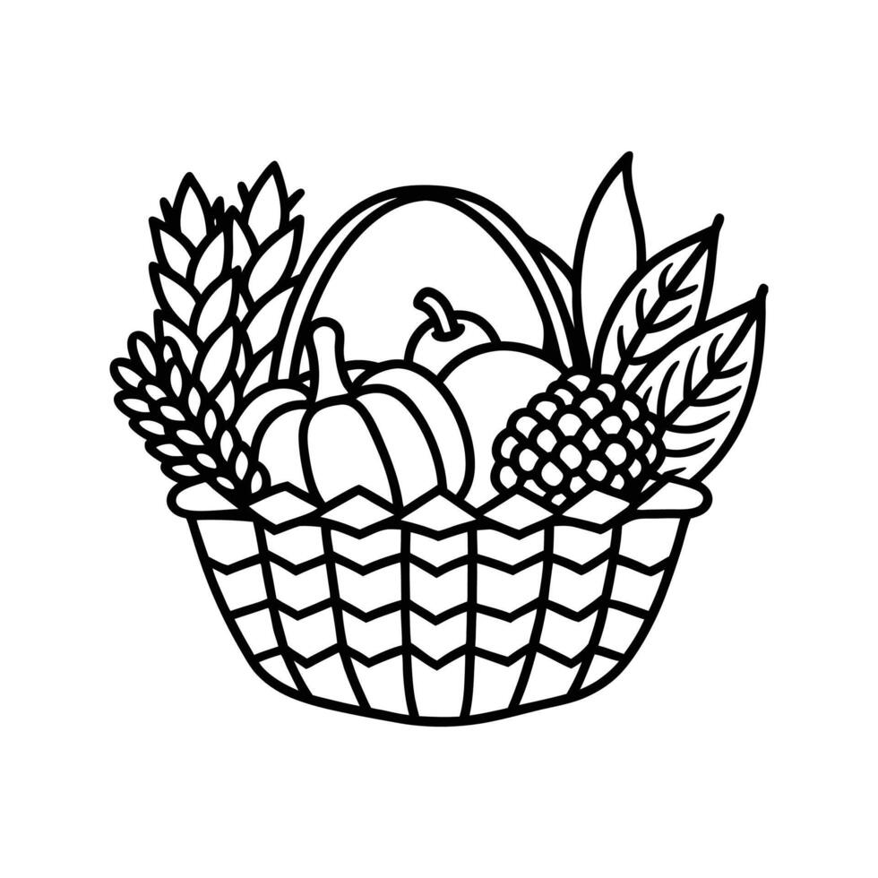 Black and White Harvest Basket with Pumpkins Wheat and Berries vector