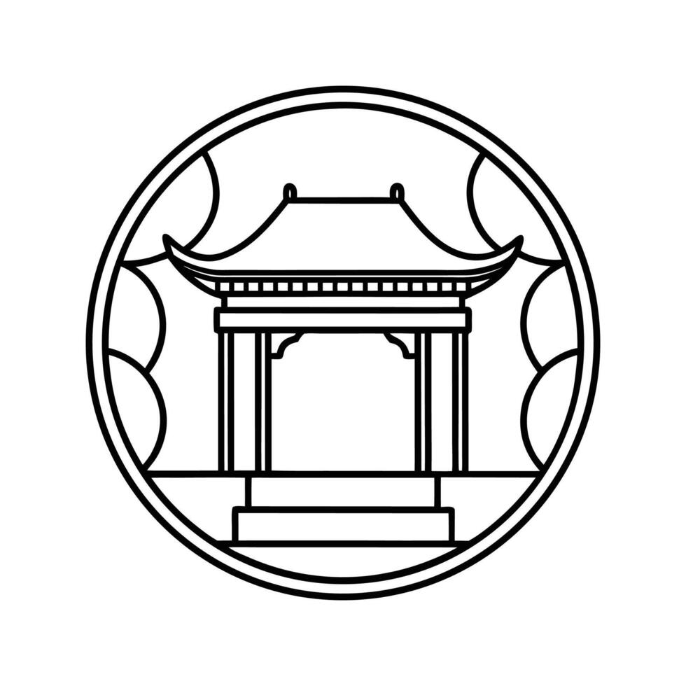 Black Line Art Circular Design Featuring a Chinese Pavilion vector