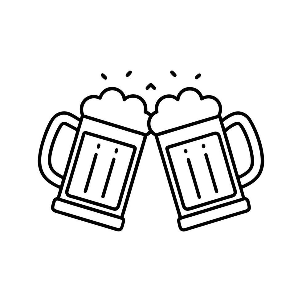 Black and white line art of two beer steins clinking together, foamy tops overflowing, celebratory outline icon, white background vector