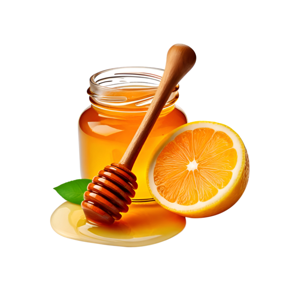 Jar of honey with lemon slice on transparent background png