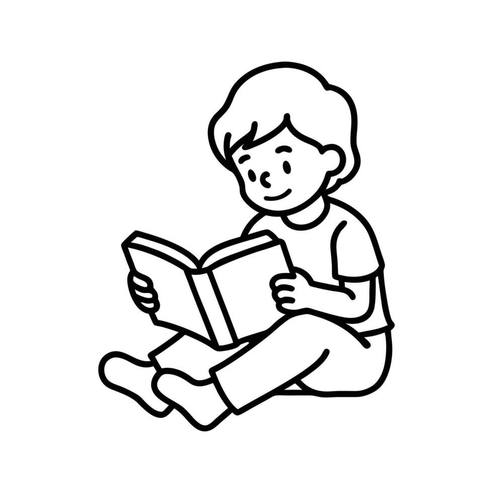 Child Reading Book Black Line Art Illustration vector