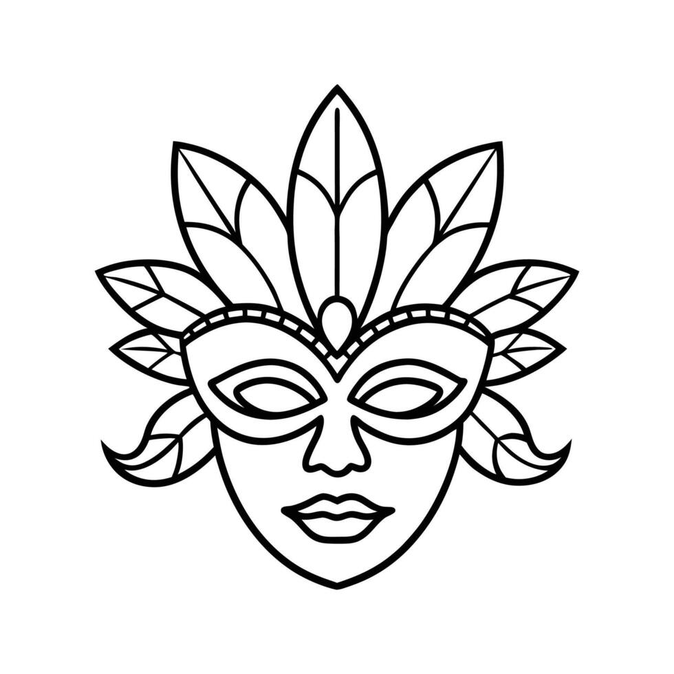 Black and White Carnival Mask Outline Feather Design vector