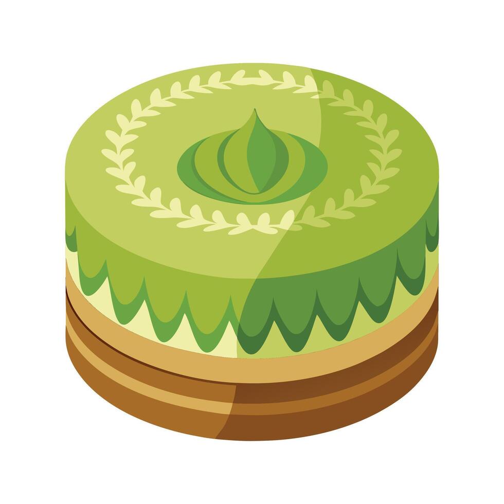 Isometric illustration of a delicious layered matcha cake with decorative accents and green frosting vector