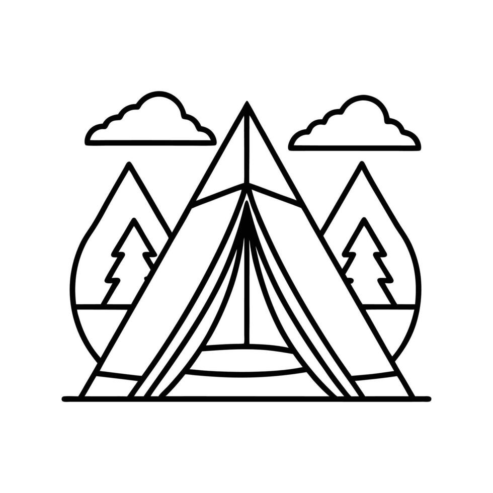 Camping Tent Line Art Icon Mountains Clouds Trees outdoors vector