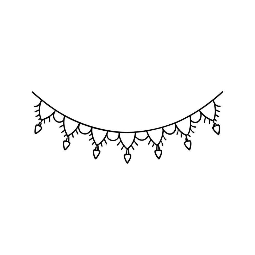 Black Line Art Festive Bunting Garland String with Triangles and Bulbs vector