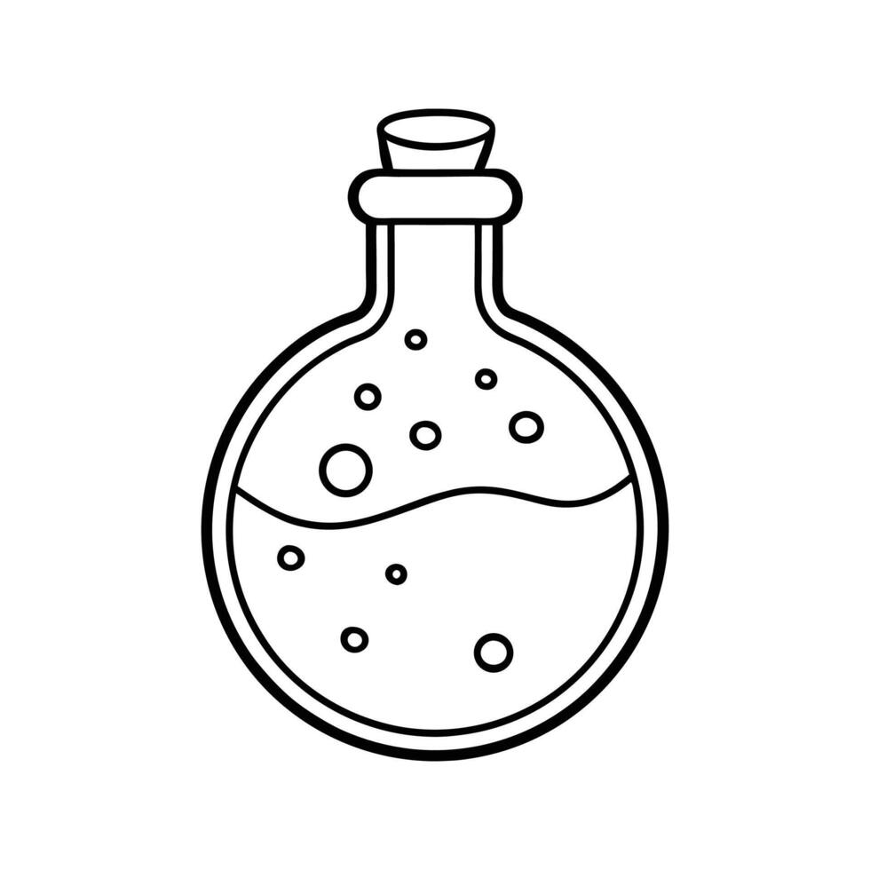 Round Glass Bottle with Cork and Bubbling Liquid Line Art vector