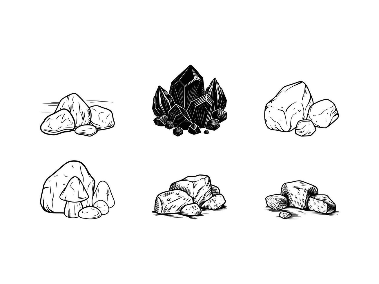 Set of hand drawn black and white rocks and stone illustrations for design elements vector