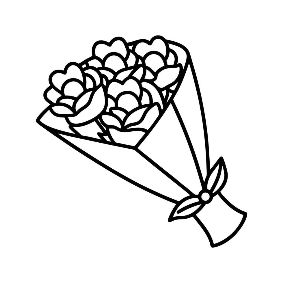 Black and White Line Drawing Heart Shaped Flower Bouquet vector