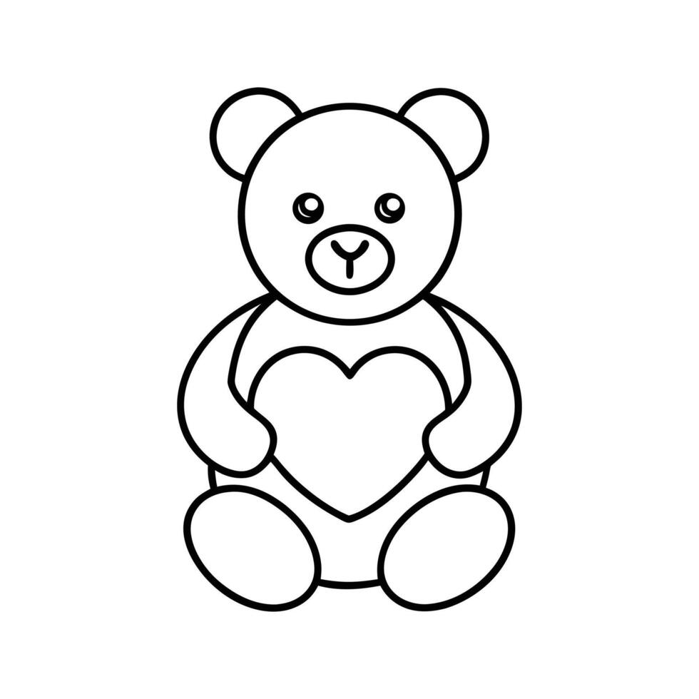 Line Art Teddy Bear Holding Heart Simple Cute Cartoon Illustration vector