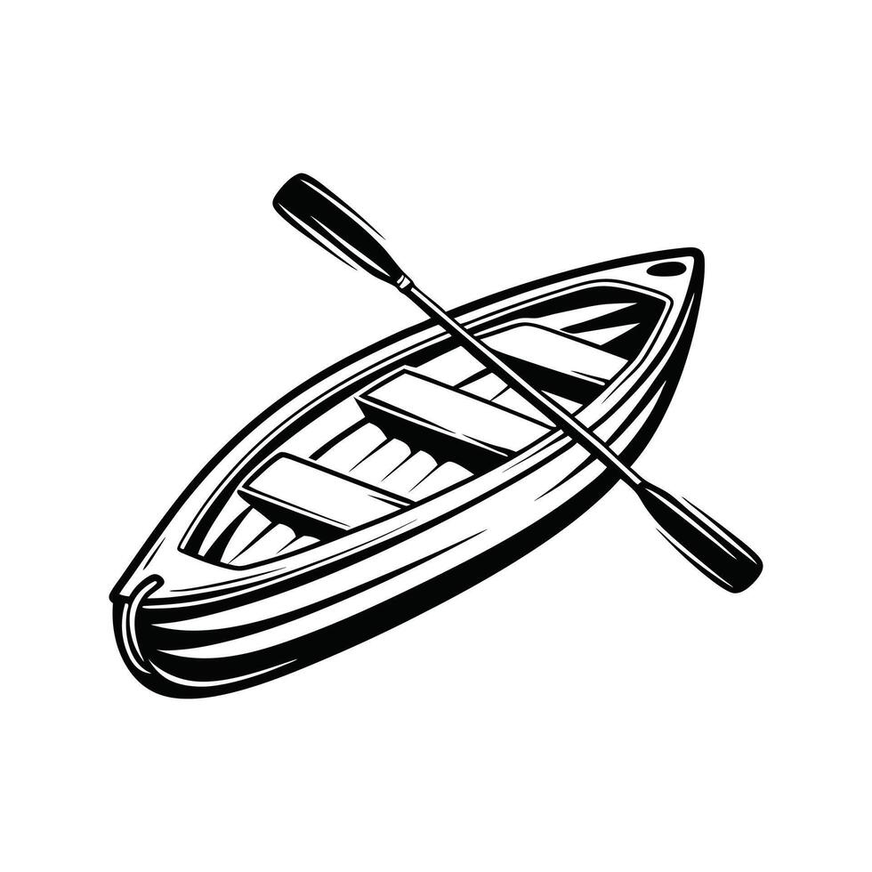 illustration of a classic rowing boat with oars depicted in black and white vector