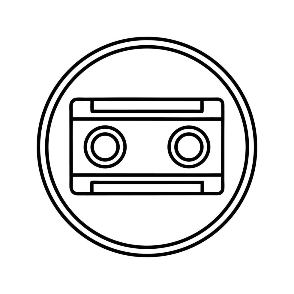 Black and White Line Art Cassette Tape Icon in Circle vector