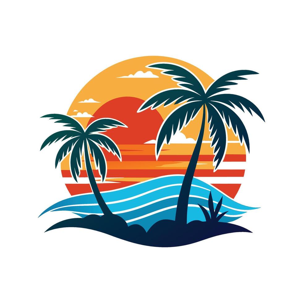 Tropical sunset beach scene with palm trees and ocean waves illustration vector